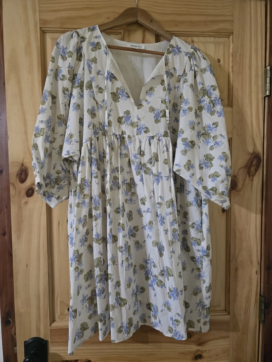 Wishlist Dresses & Skirts - Wishlist Cream Floral Puff-Sleeve Midi Dress with Blue and Green Print